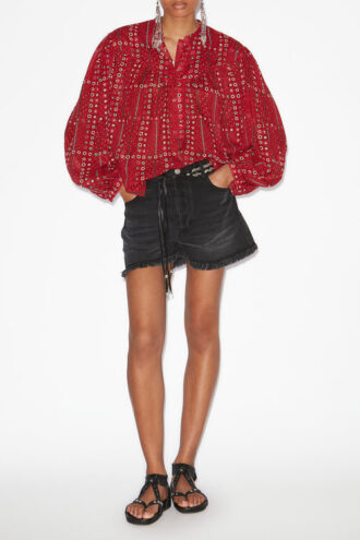 Blusa de voile de algodón estampada y fruncida Salika