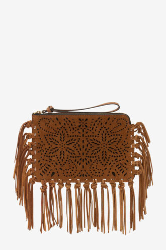 Bolso de mano plano con flecos de cuero
