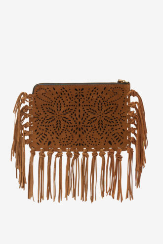 Bolso de mano plano con flecos de cuero