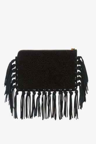 Bolso de mano plano con flecos de cuero